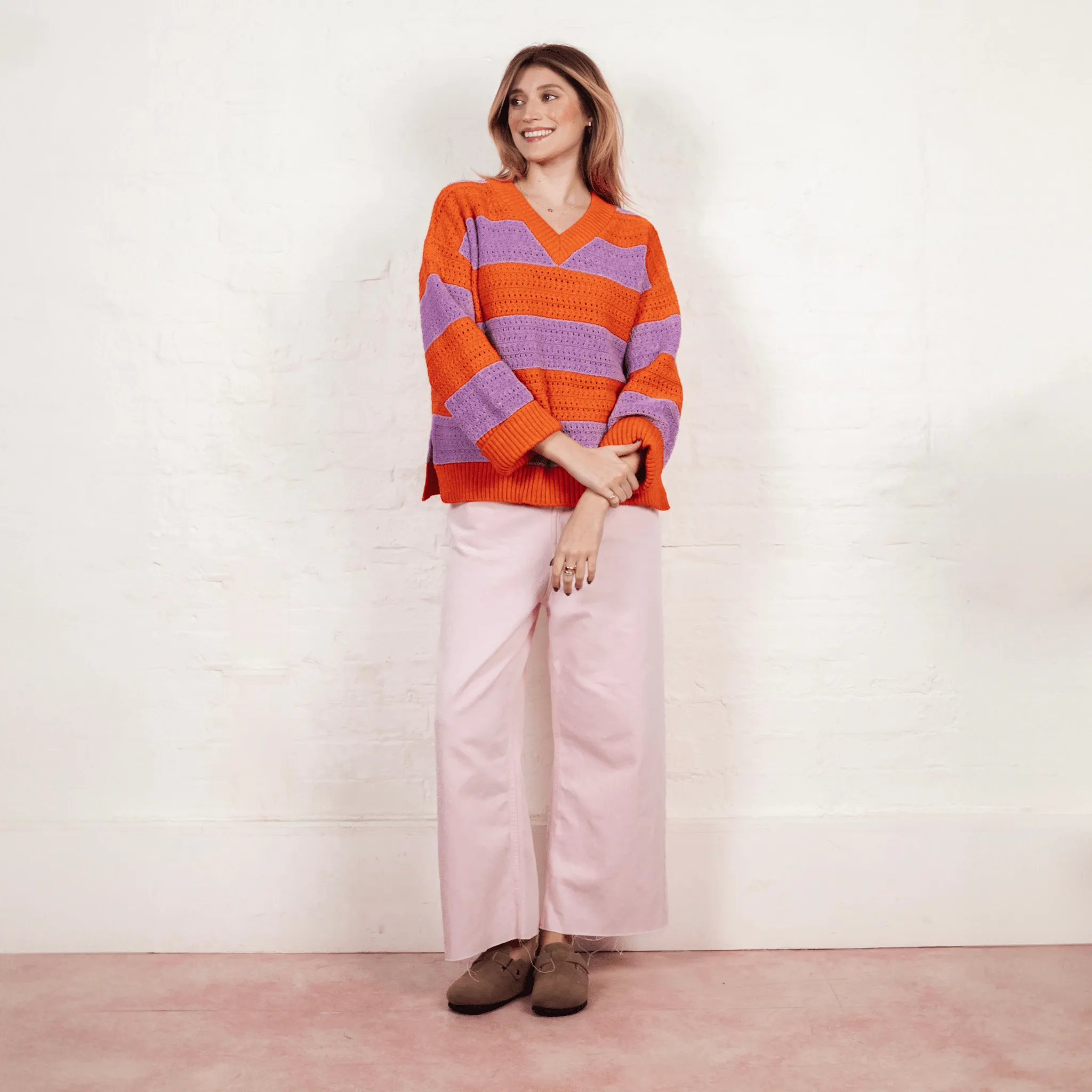 Millie Crochet Stripe V Neck Cotton Blend Jumper - Orange