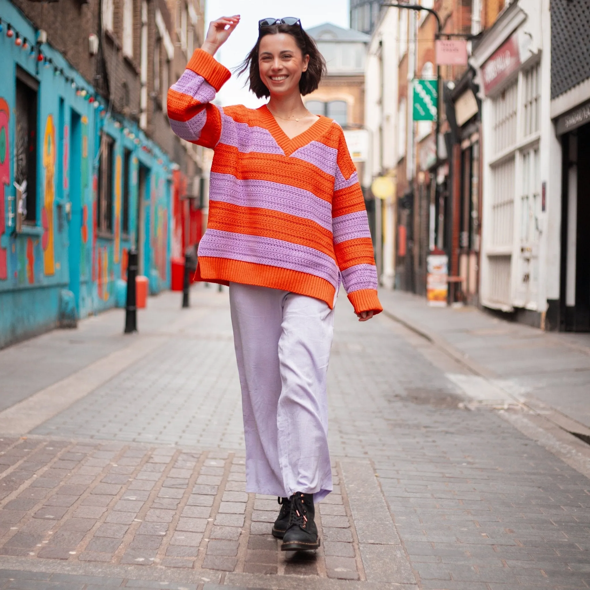 Millie Crochet Stripe V Neck Cotton Blend Jumper - Orange