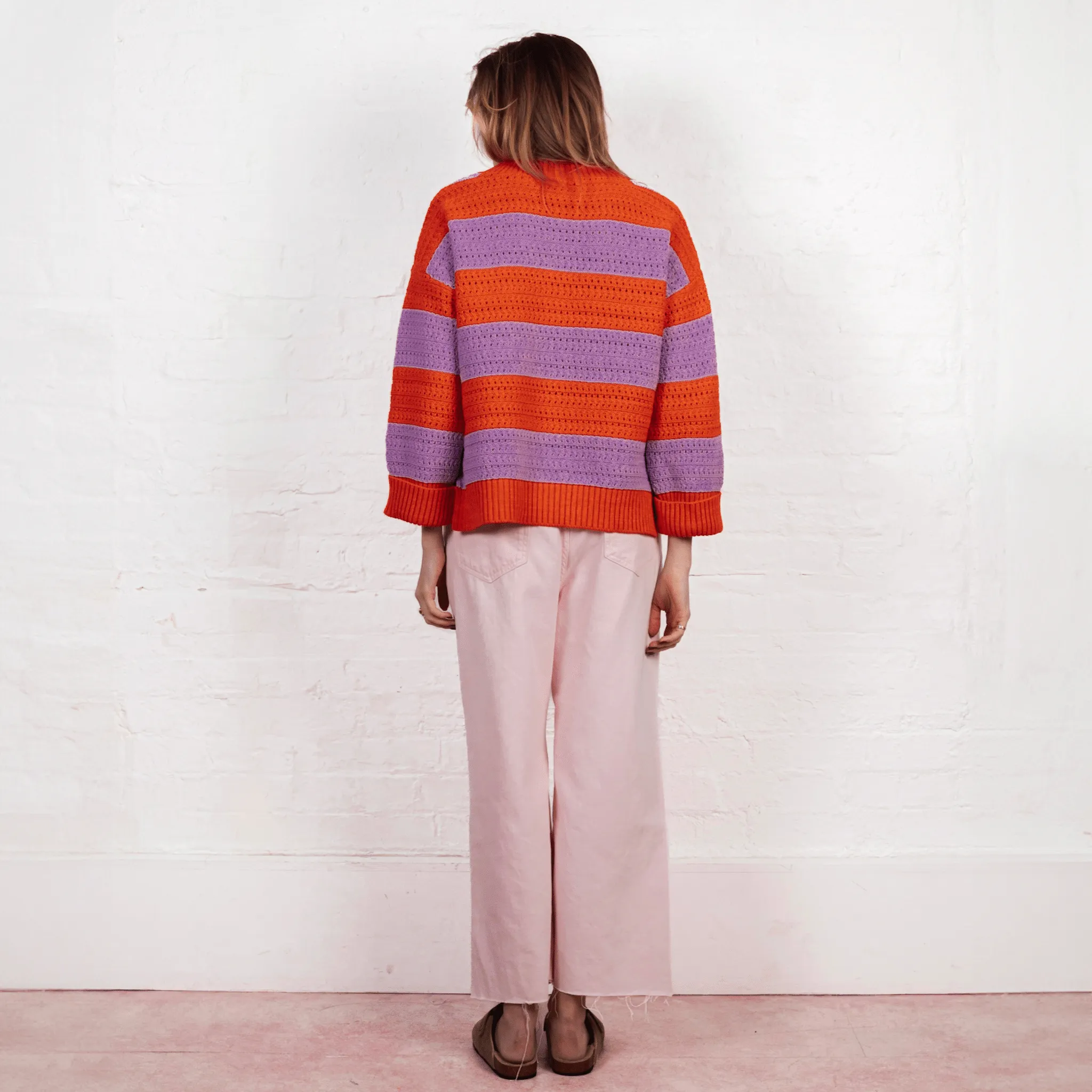 Millie Crochet Stripe V Neck Cotton Blend Jumper - Orange