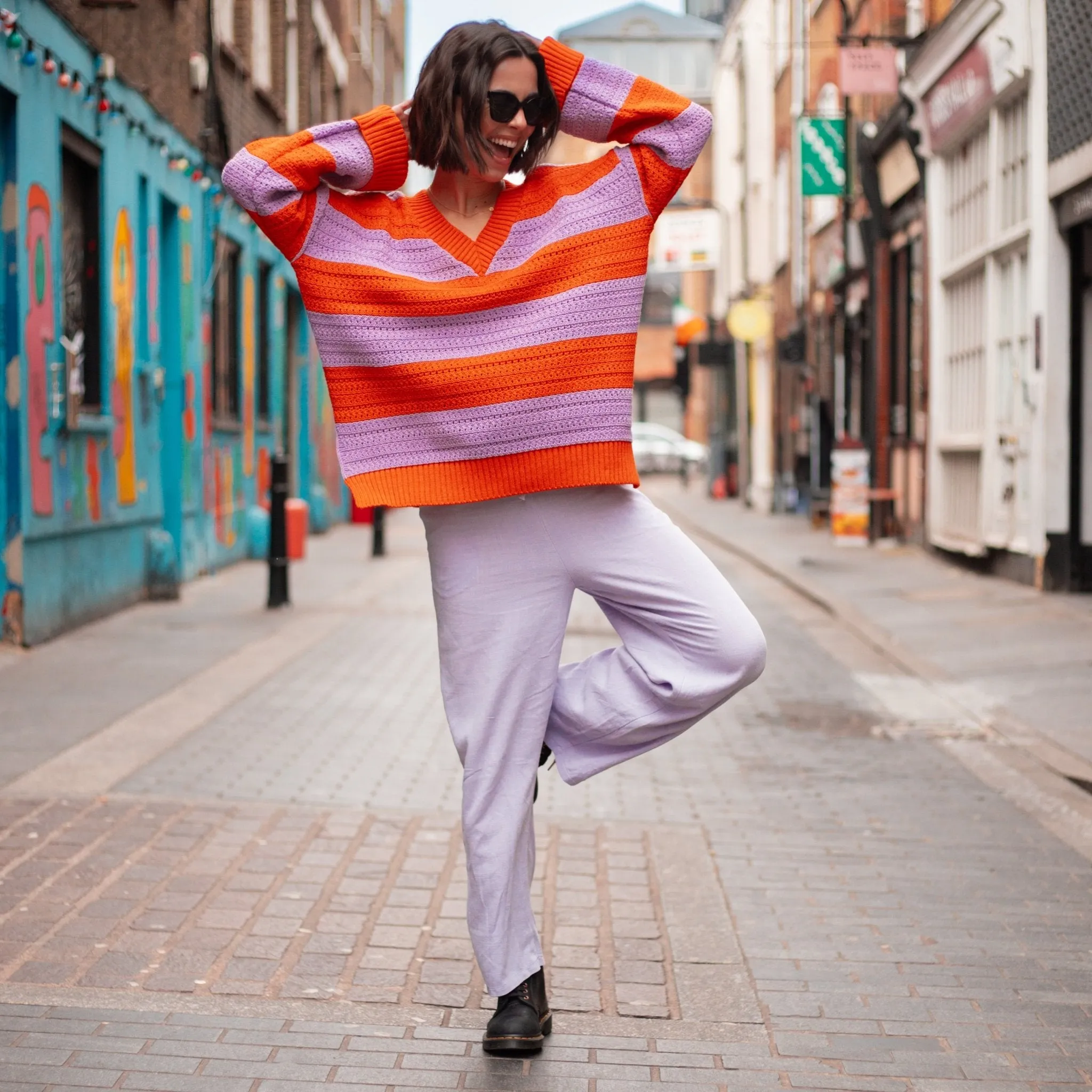 Millie Crochet Stripe V Neck Cotton Blend Jumper - Orange