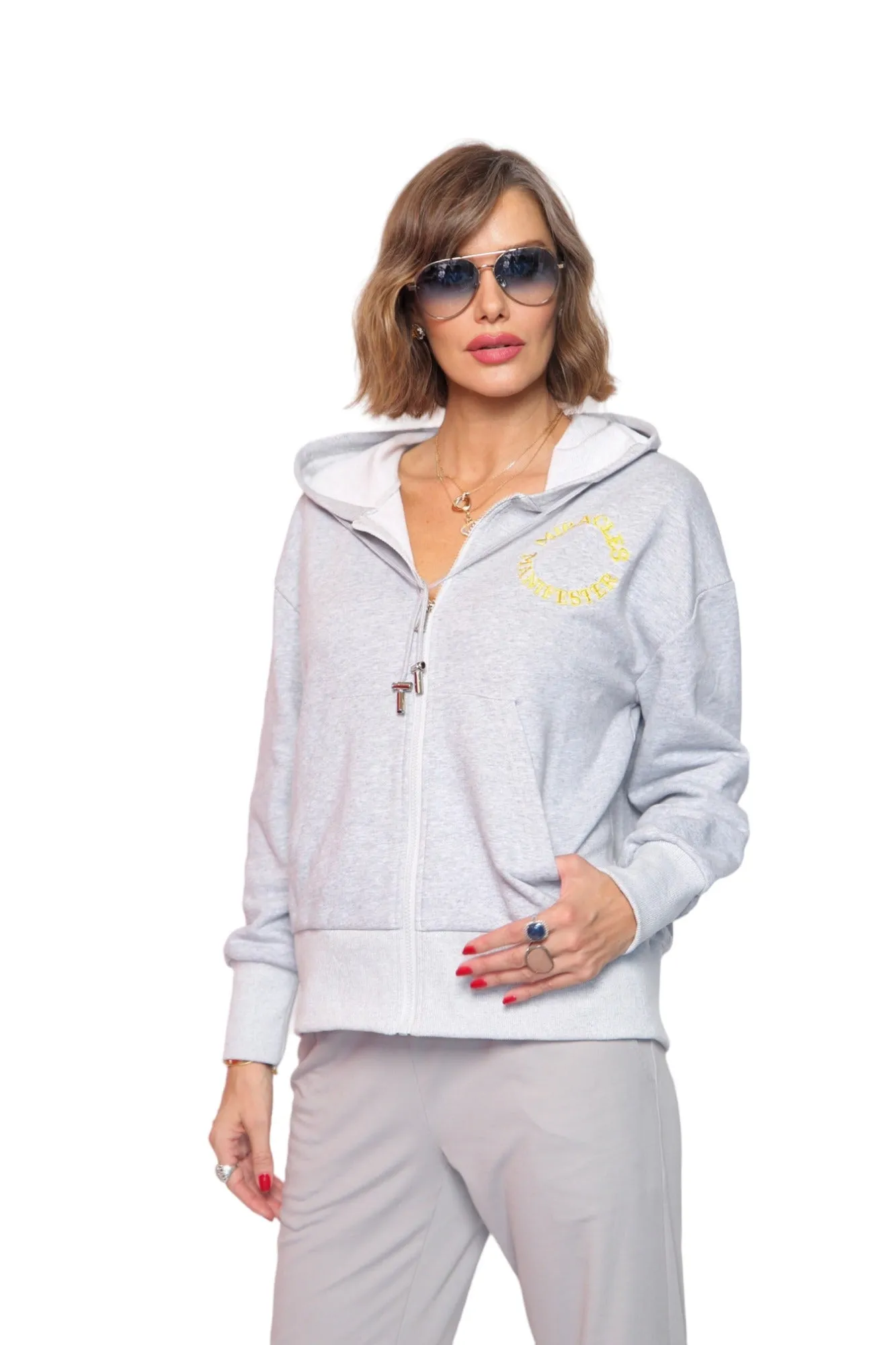 Miracles Manifester Embroidered Zip Hoodie - Light Grey