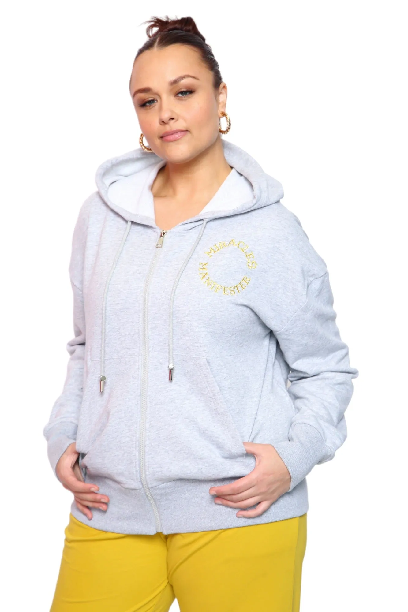 Miracles Manifester Embroidered Zip Hoodie - Light Grey