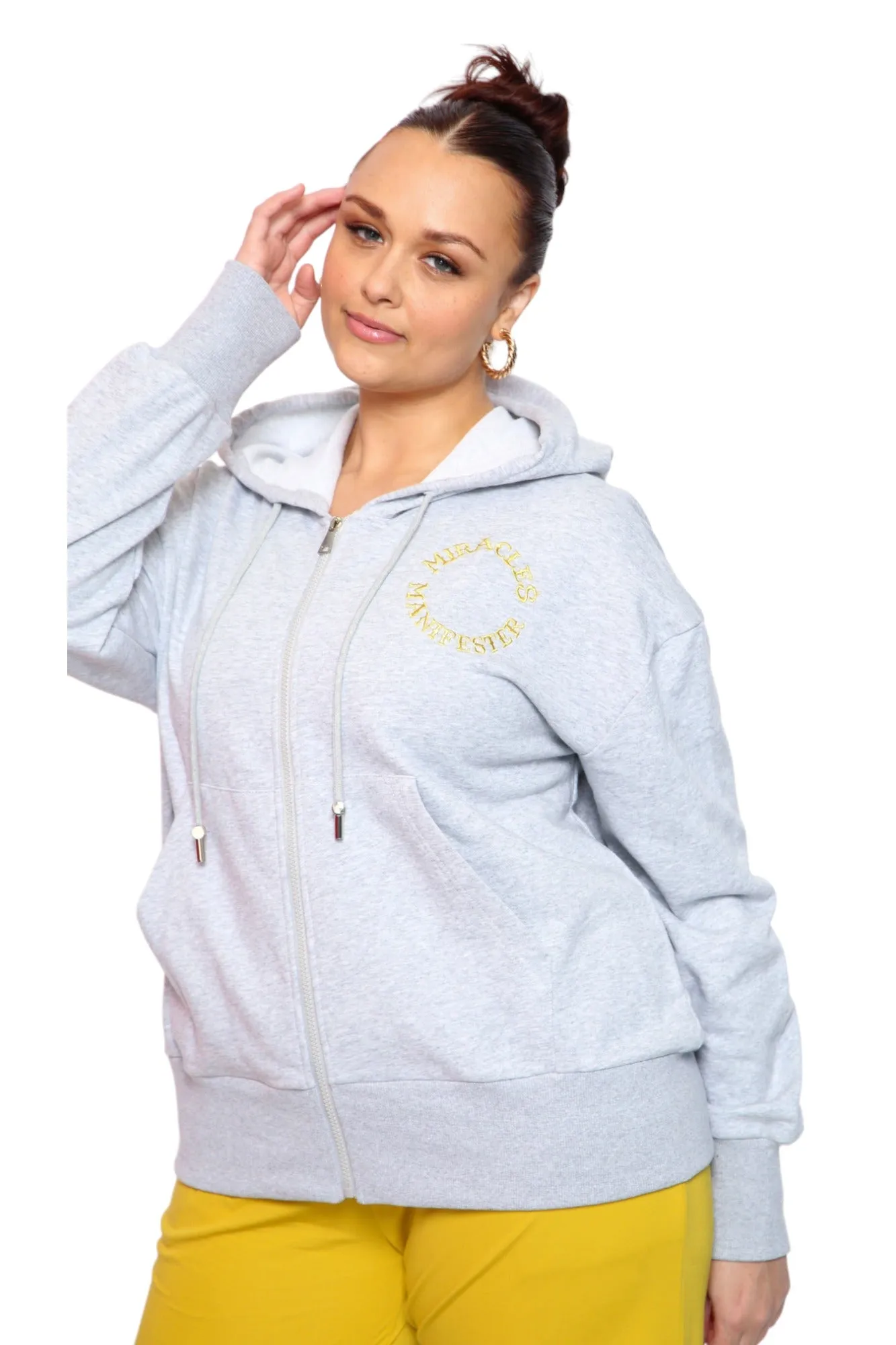 Miracles Manifester Embroidered Zip Hoodie - Light Grey
