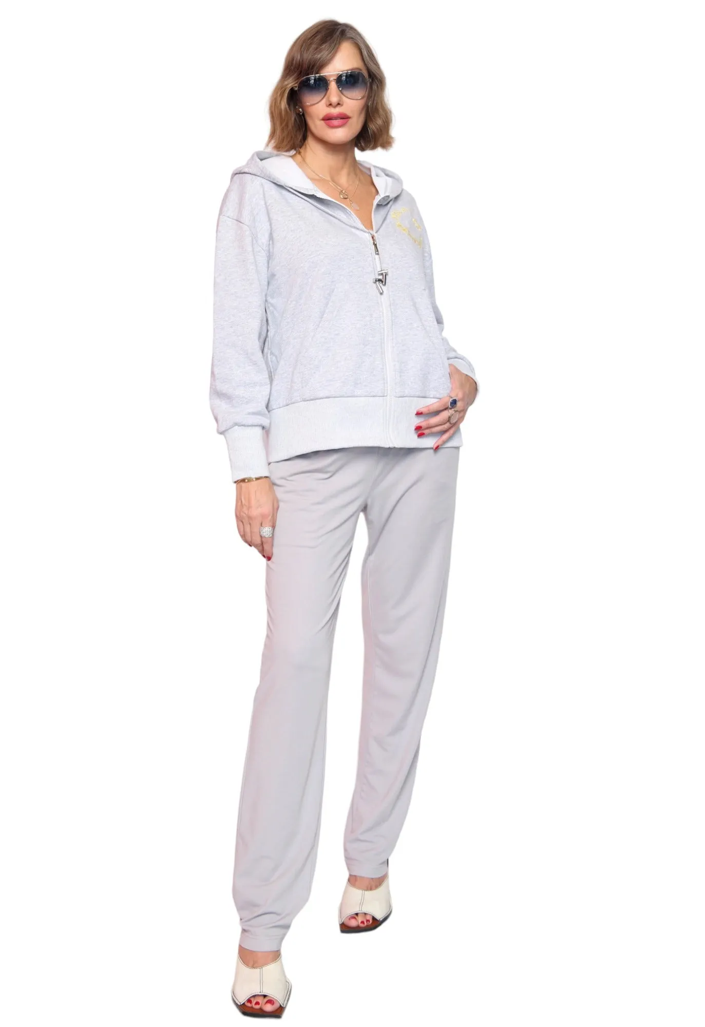 Miracles Manifester Embroidered Zip Hoodie - Light Grey