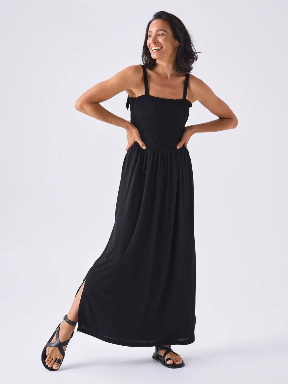 Modal Shirred Tie Dress  Black
