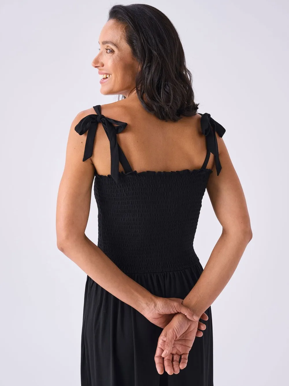 Modal Shirred Tie Dress  Black