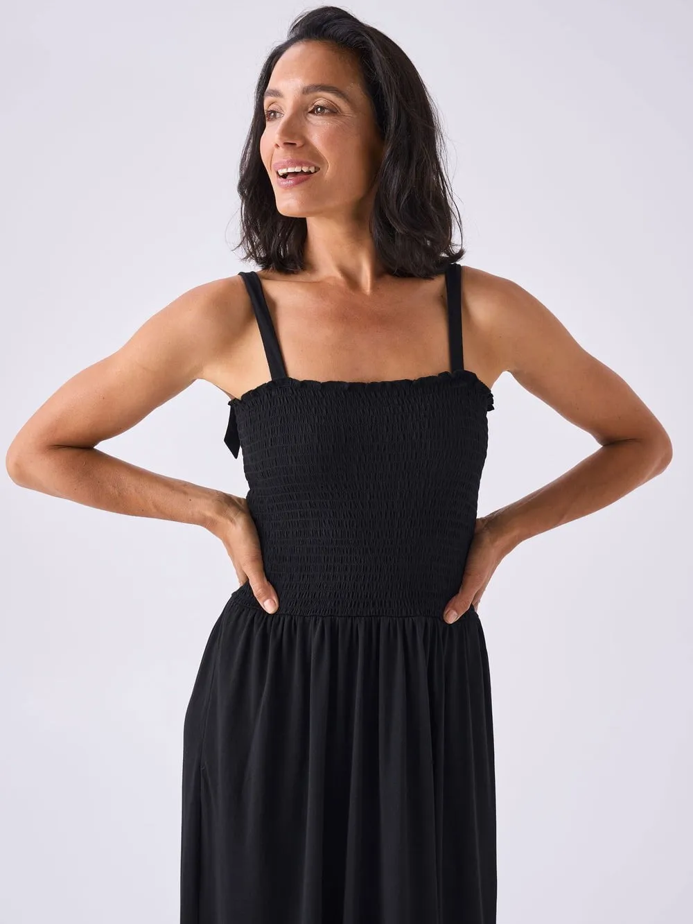 Modal Shirred Tie Dress  Black