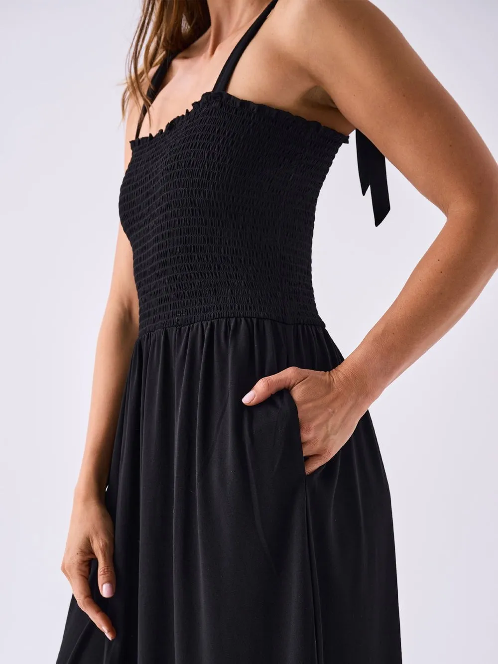 Modal Shirred Tie Dress  Black