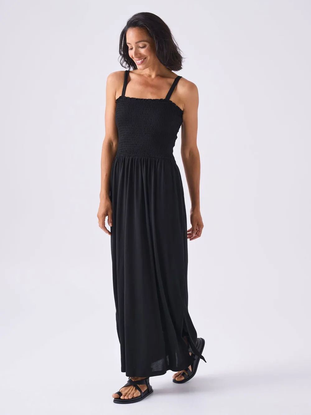 Modal Shirred Tie Dress  Black