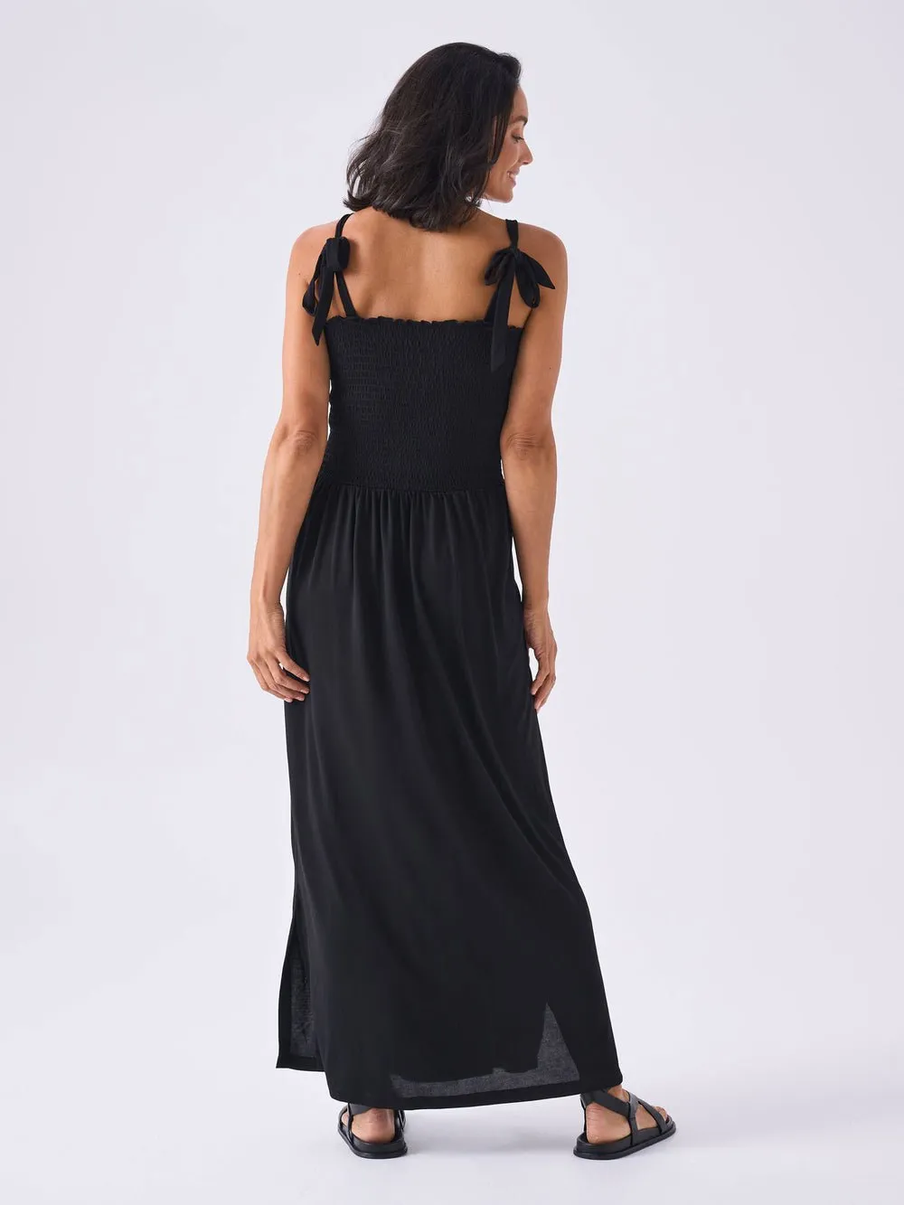 Modal Shirred Tie Dress  Black