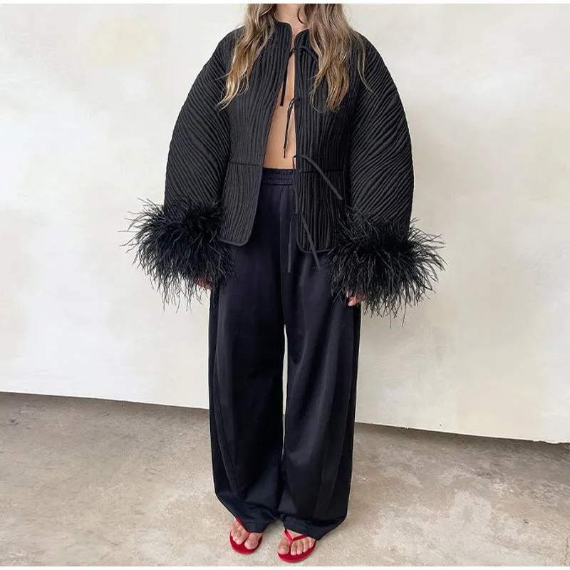 MOMENTLOVER  2025 Real shot - solid color lace-up feather jacket popular  New fashion women's autumn and winter personalized street coat
