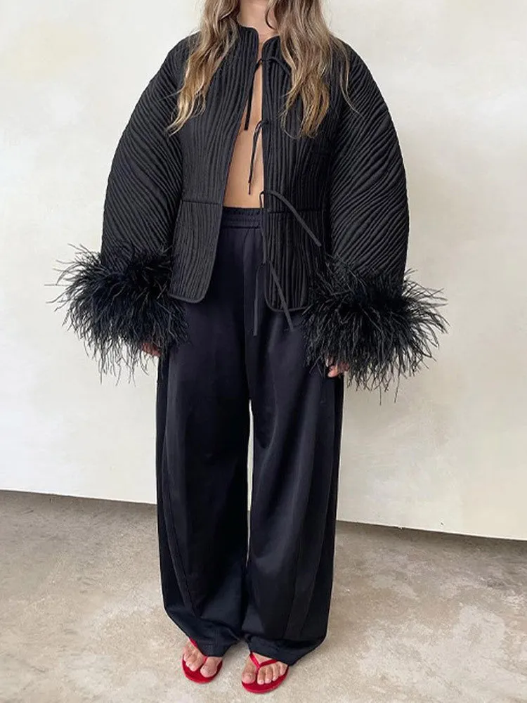 MOMENTLOVER  2025 Real shot - solid color lace-up feather jacket popular  New fashion women's autumn and winter personalized street coat