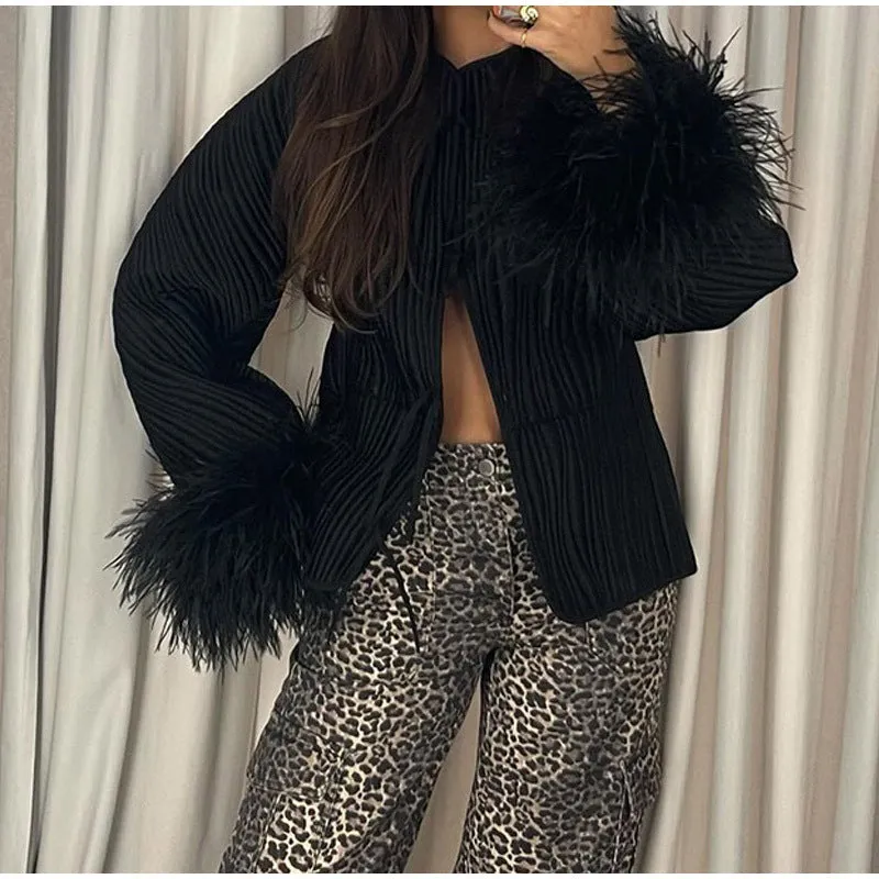 MOMENTLOVER  2025 Real shot - solid color lace-up feather jacket popular  New fashion women's autumn and winter personalized street coat