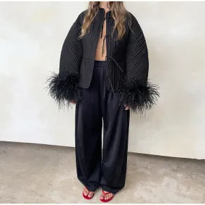 MOMENTLOVER  2025 Real shot - solid color lace-up feather jacket popular  New fashion women's autumn and winter personalized street coat