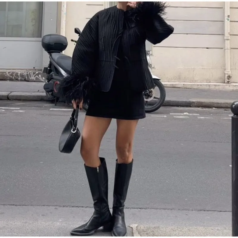 MOMENTLOVER  2025 Real shot - solid color lace-up feather jacket popular  New fashion women's autumn and winter personalized street coat