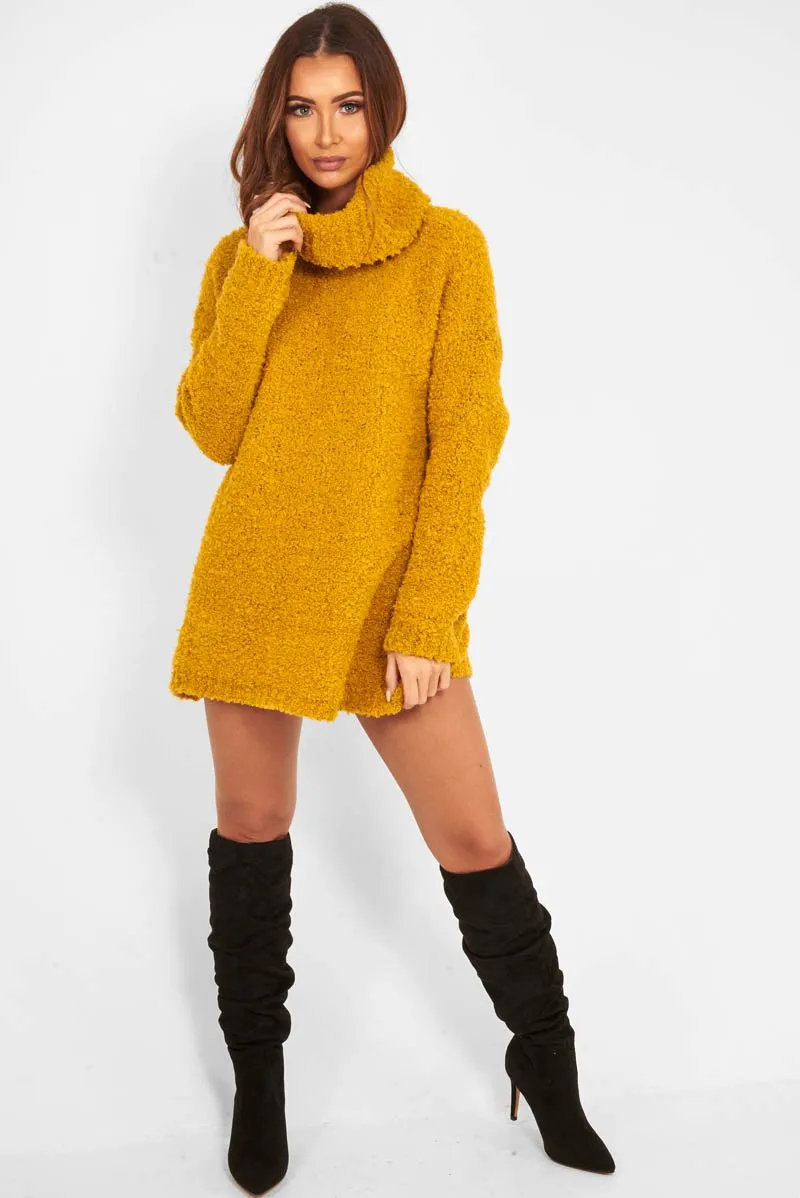 Mustard Knitted Borg Oversized Roll Neck Jumper - Ebbie