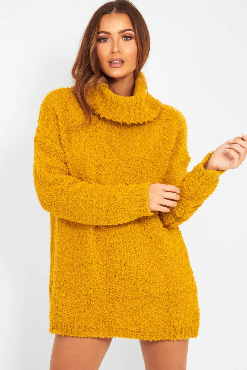 Mustard Knitted Borg Oversized Roll Neck Jumper - Ebbie
