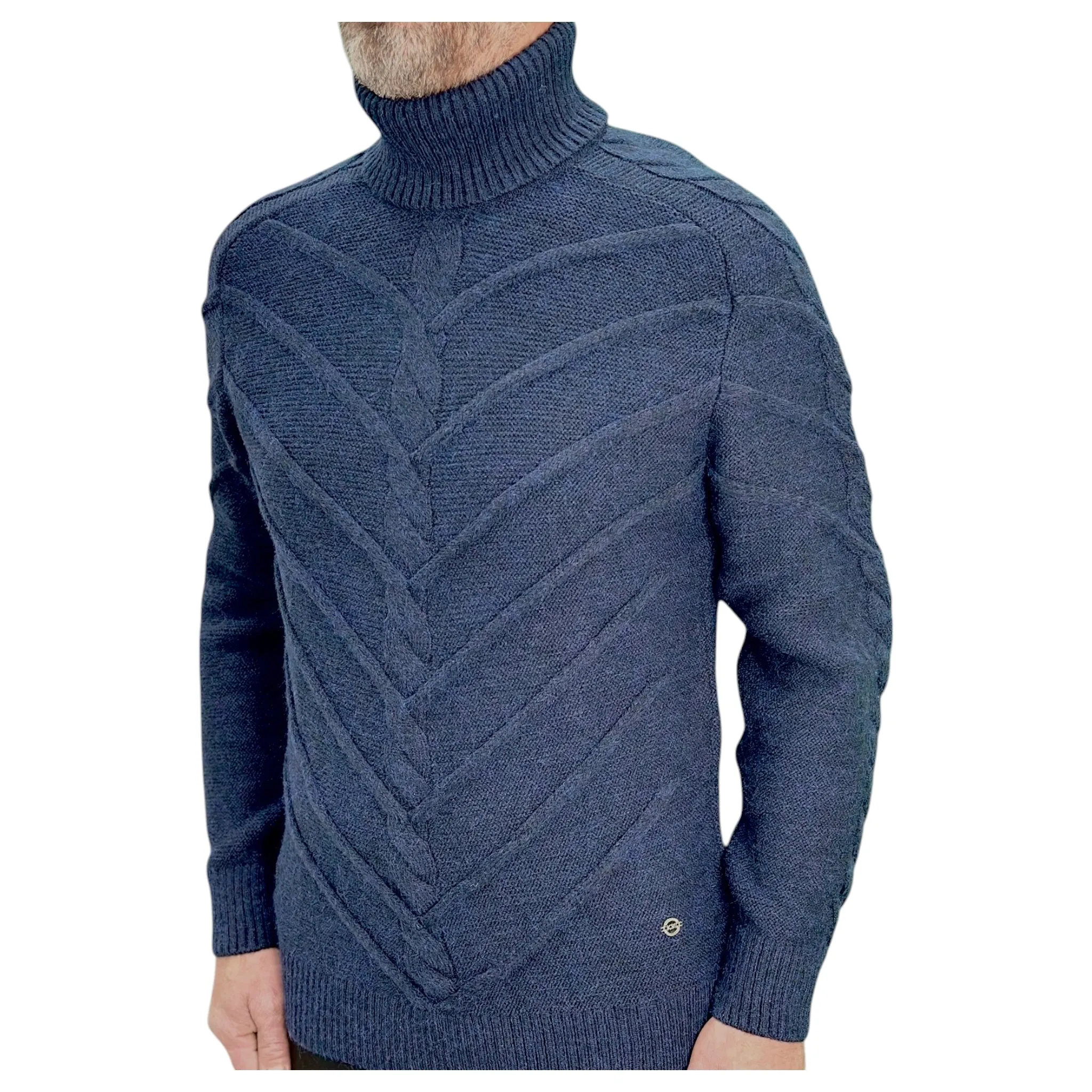 Navy Blue Men's Chunky Turtleneck Sweater -100% Real  Wool