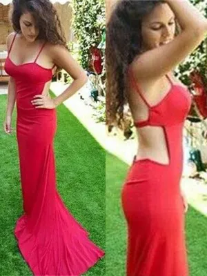 New Arrival Red Spaghetti Straps Open Back Unique Evening Party Prom Dress,PD0064