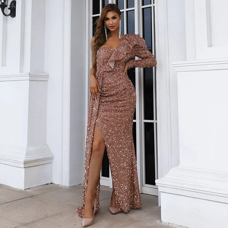 New Style Light Blue/Pink Ruffle Ladies Evening Party Dress One Shoulder Split Thigh Sequin Prom Dress