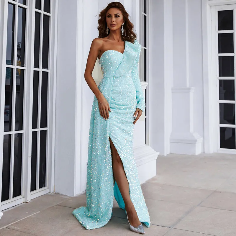New Style Light Blue/Pink Ruffle Ladies Evening Party Dress One Shoulder Split Thigh Sequin Prom Dress