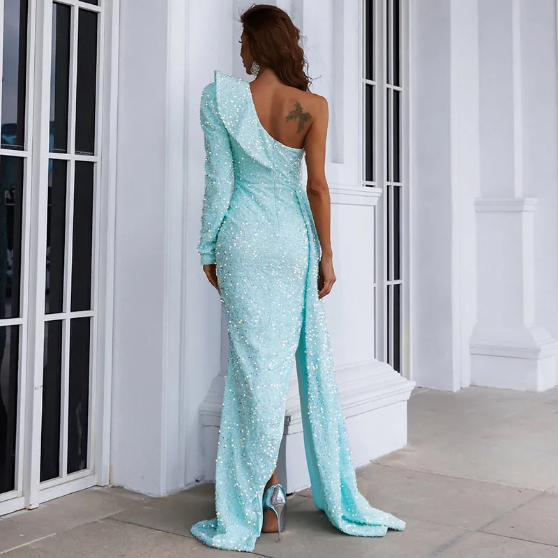 New Style Light Blue/Pink Ruffle Ladies Evening Party Dress One Shoulder Split Thigh Sequin Prom Dress