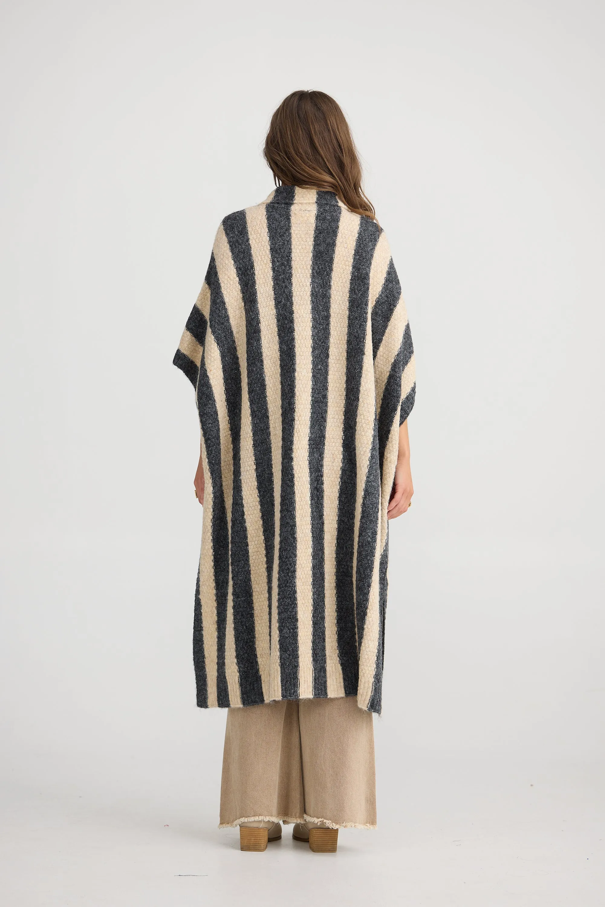 Nomad Poncho - Oatmeal with Charcoal Stripe