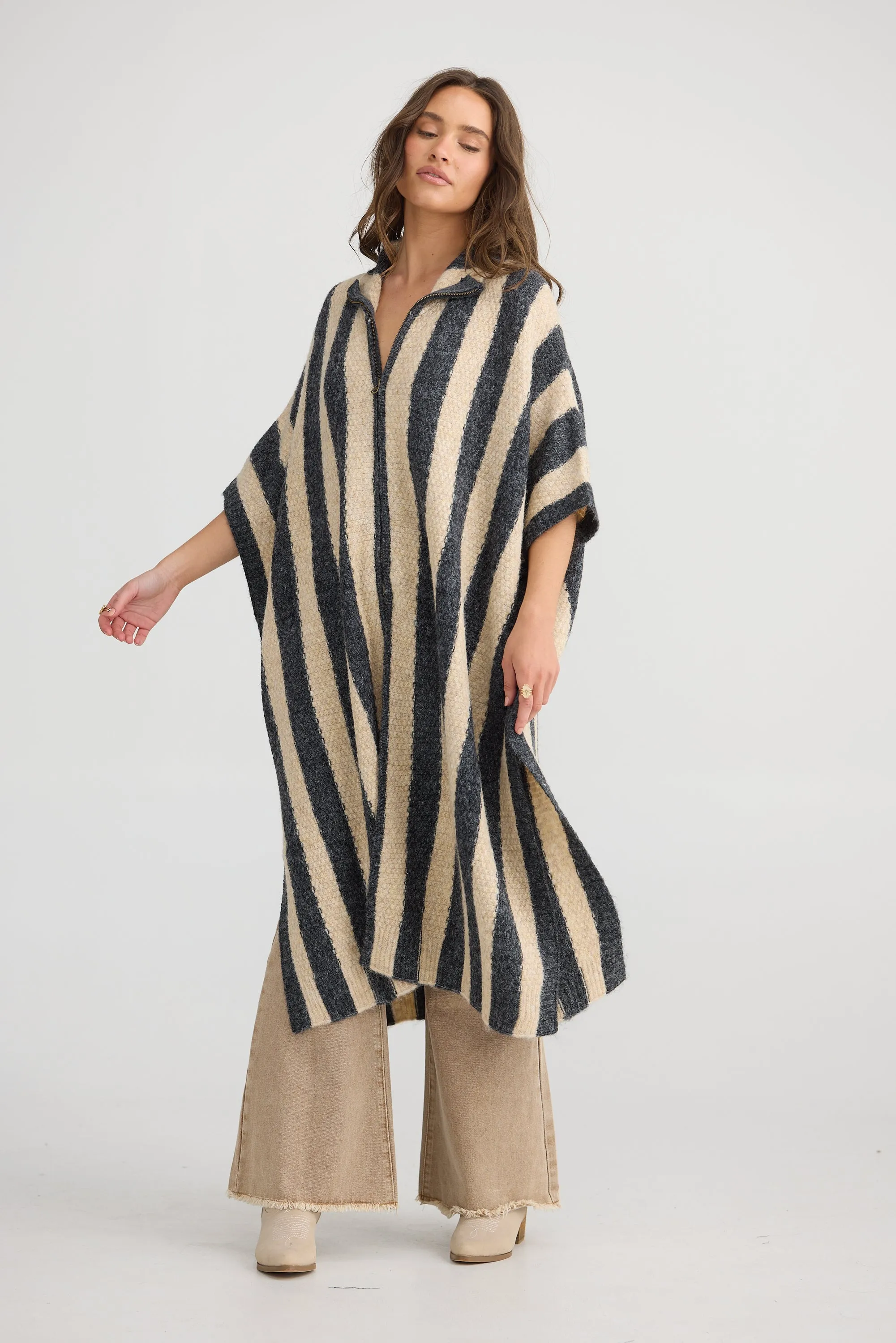 Nomad Poncho - Oatmeal with Charcoal Stripe