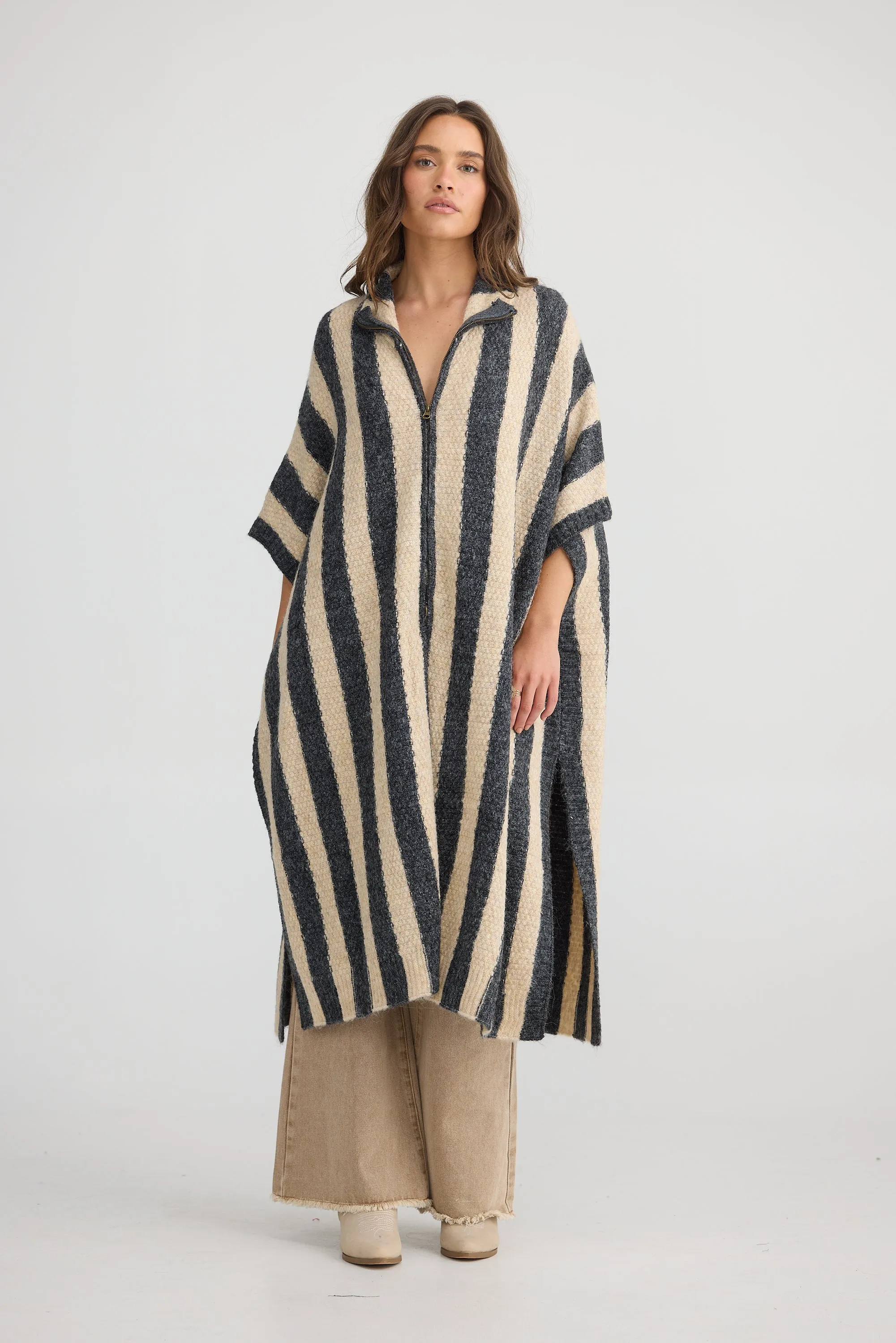 Nomad Poncho - Oatmeal with Charcoal Stripe