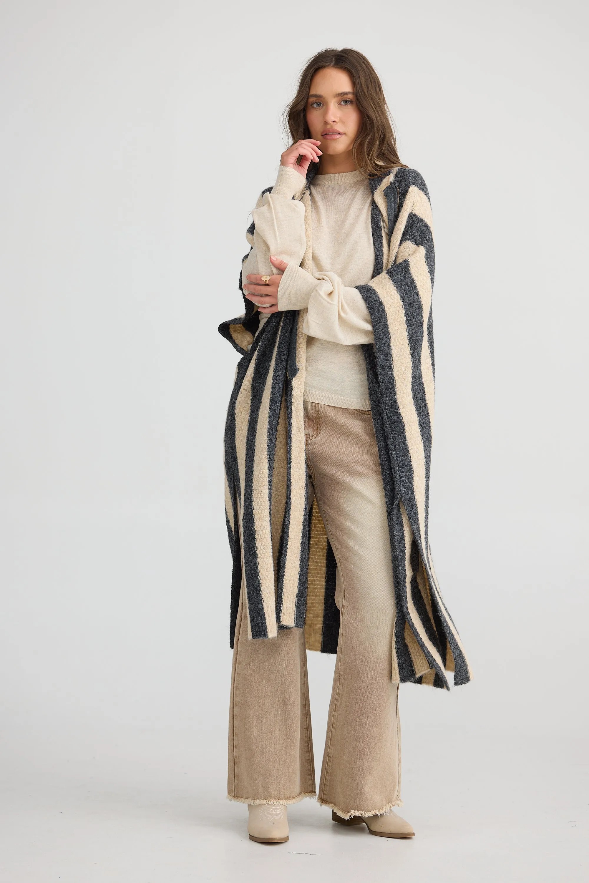 Nomad Poncho - Oatmeal with Charcoal Stripe