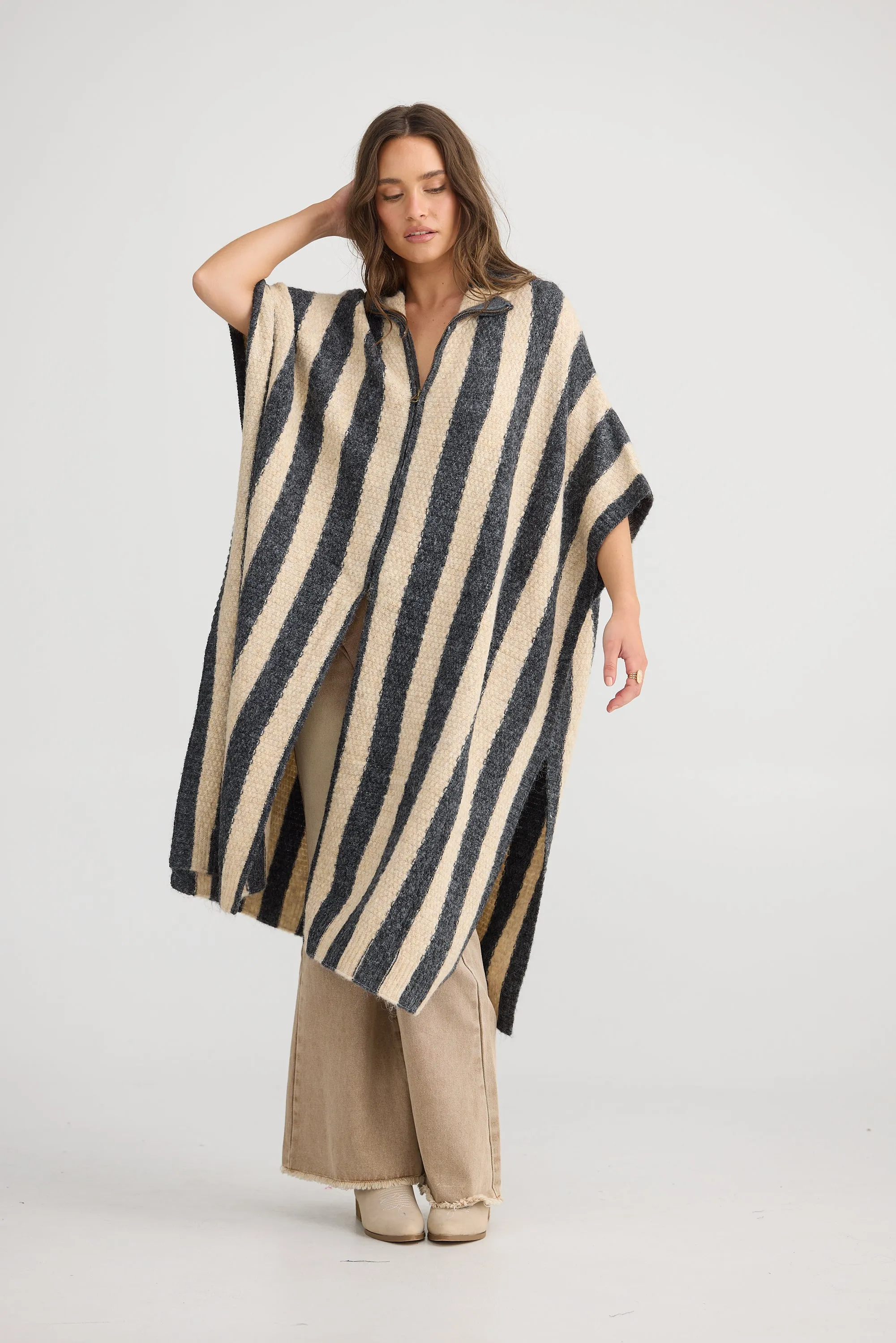 Nomad Poncho - Oatmeal with Charcoal Stripe