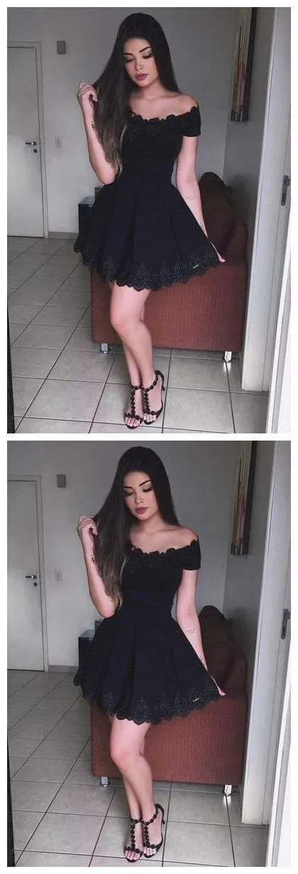 Off Shoulder Black Lace Simple Cheap Short Homecoming Dresses 2018, Little Black Dress, CM548