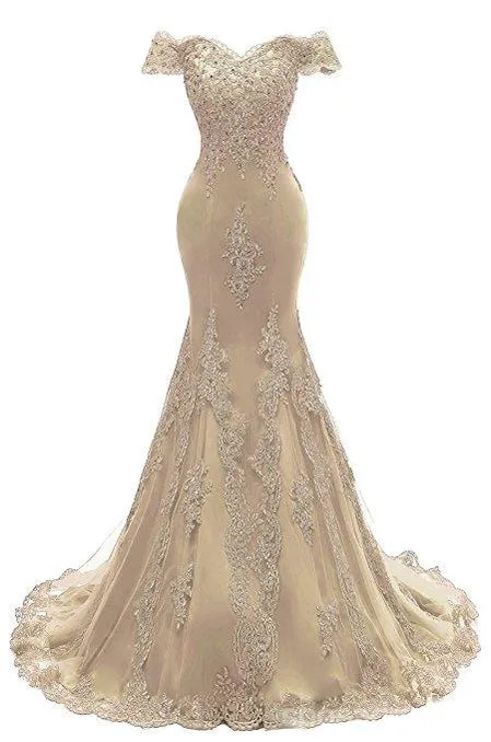 Off Shoulder Gold Lace Mermaid Long Evening Prom Dresses, 17671