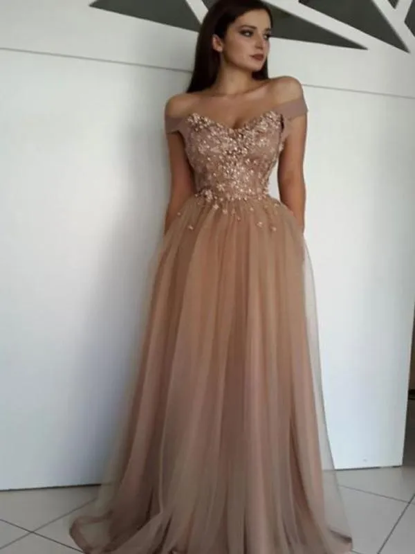 Off Shoulder Lace Beaded Cheap Long Evening Prom Dresses, QB0375