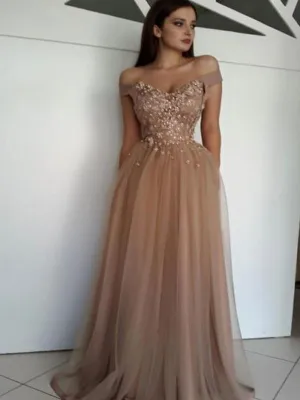 Off Shoulder Lace Beaded Cheap Long Evening Prom Dresses, QB0375