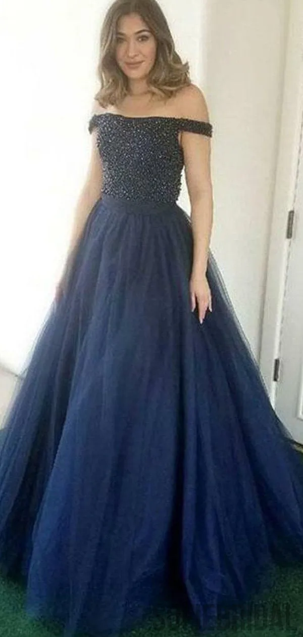 Off Shoulder Long A-line Navy Tulle Beaded Prom Dresses, PD0954