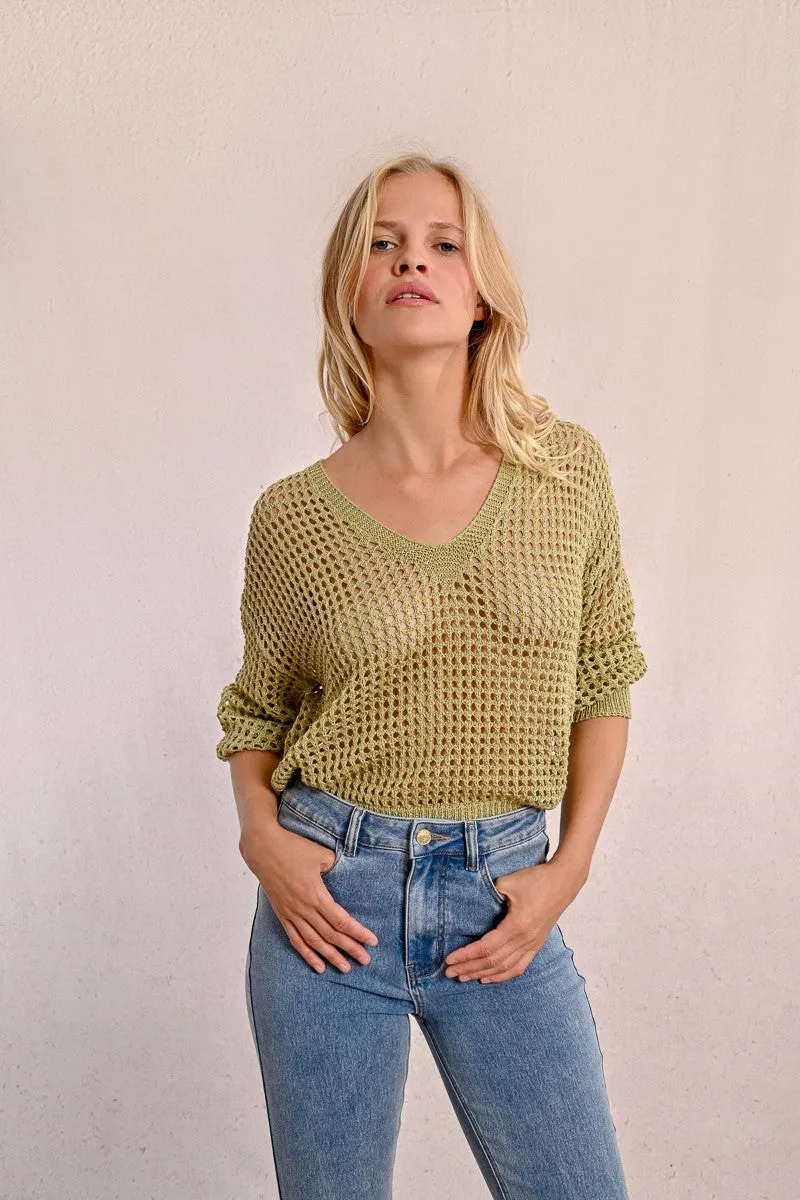 OPENWORK AND IRIDESCENT KNIT SWEATER