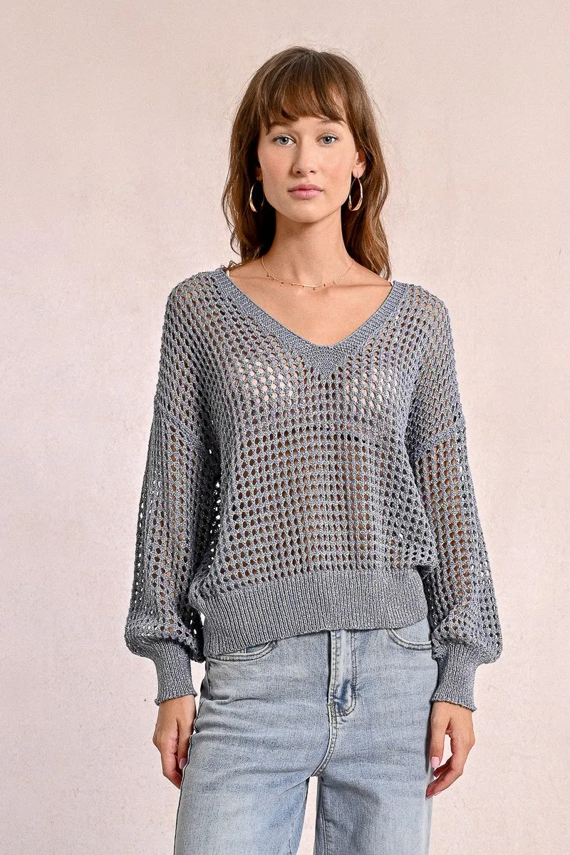 OPENWORK AND IRIDESCENT KNIT SWEATER