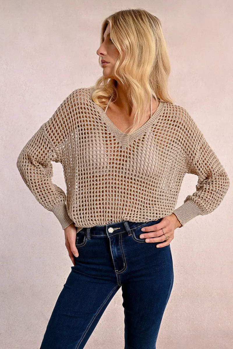 OPENWORK AND IRIDESCENT KNIT SWEATER