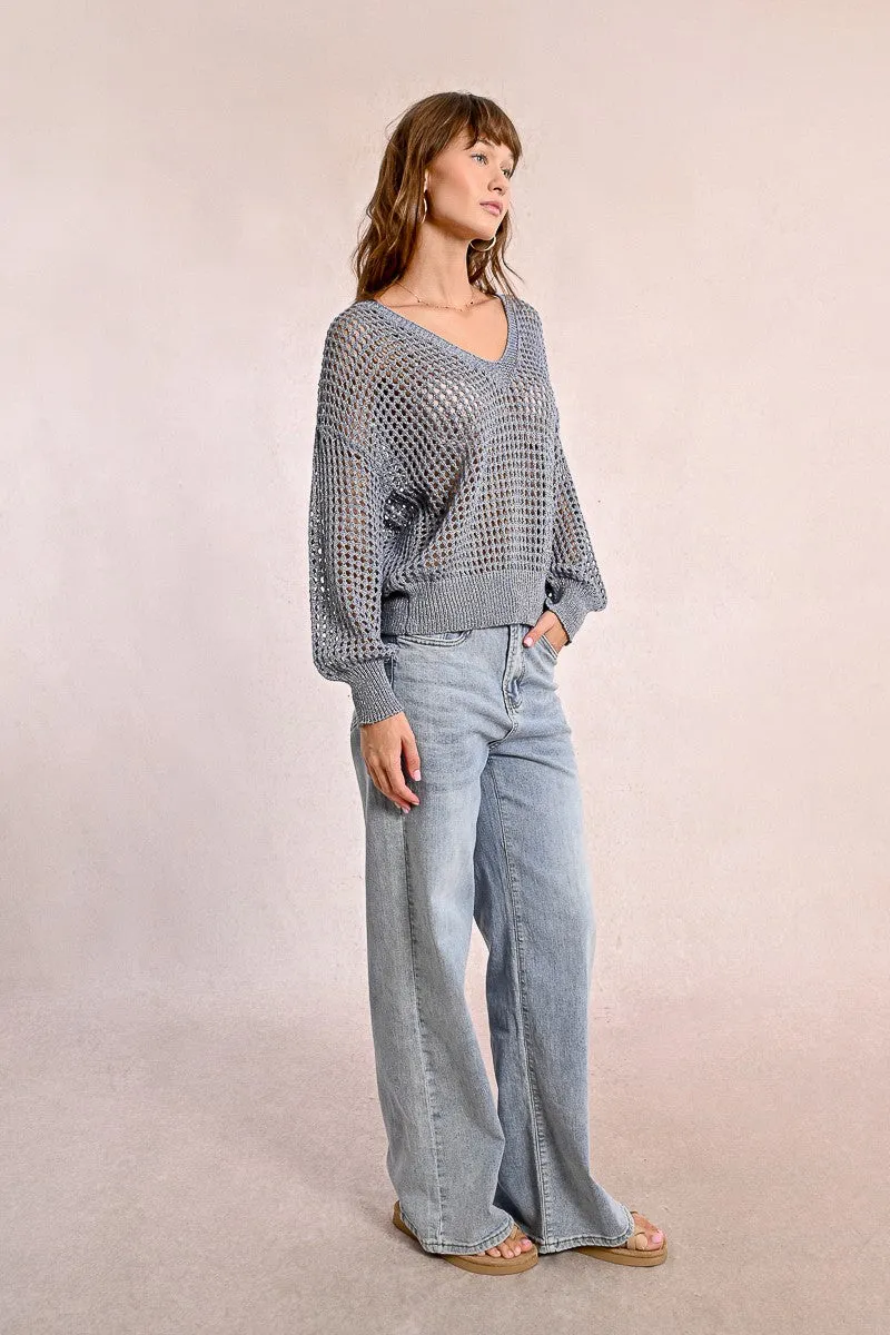 OPENWORK AND IRIDESCENT KNIT SWEATER