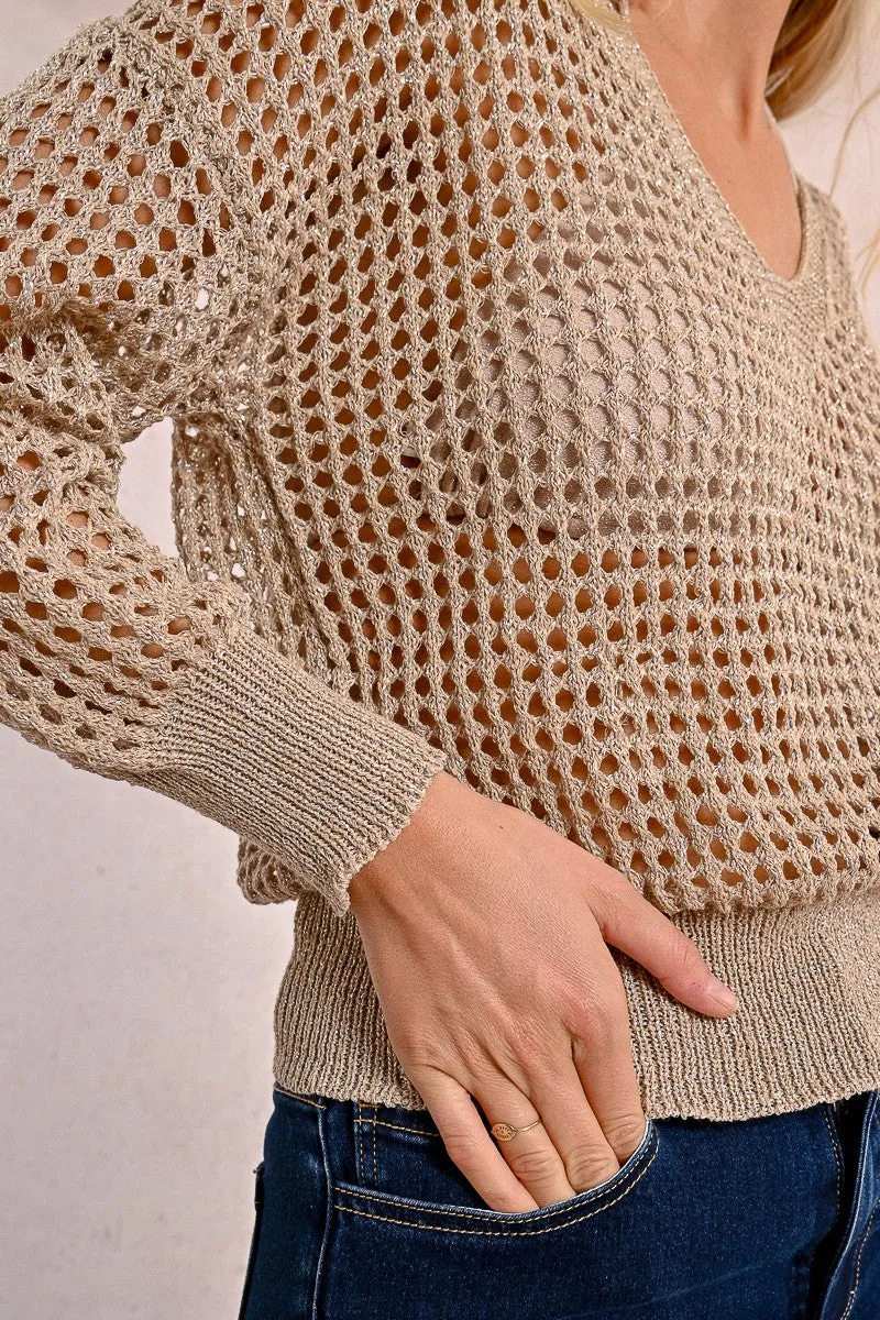 OPENWORK AND IRIDESCENT KNIT SWEATER