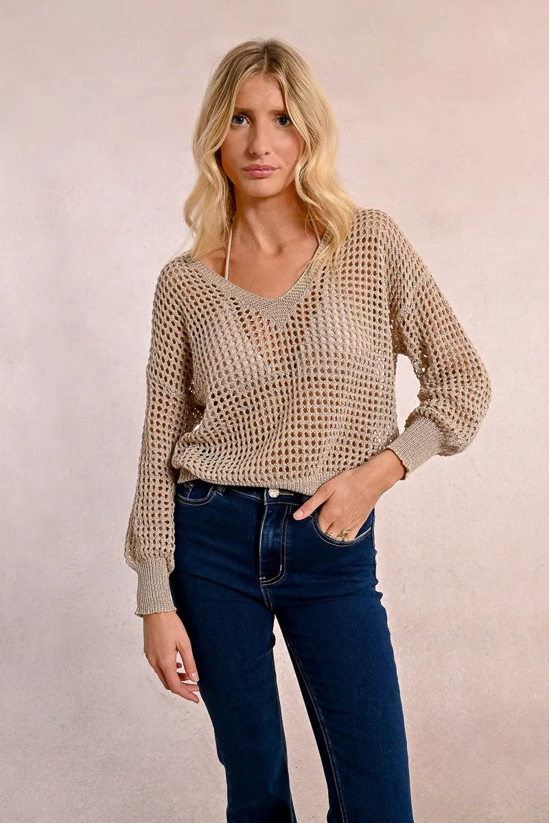 OPENWORK AND IRIDESCENT KNIT SWEATER
