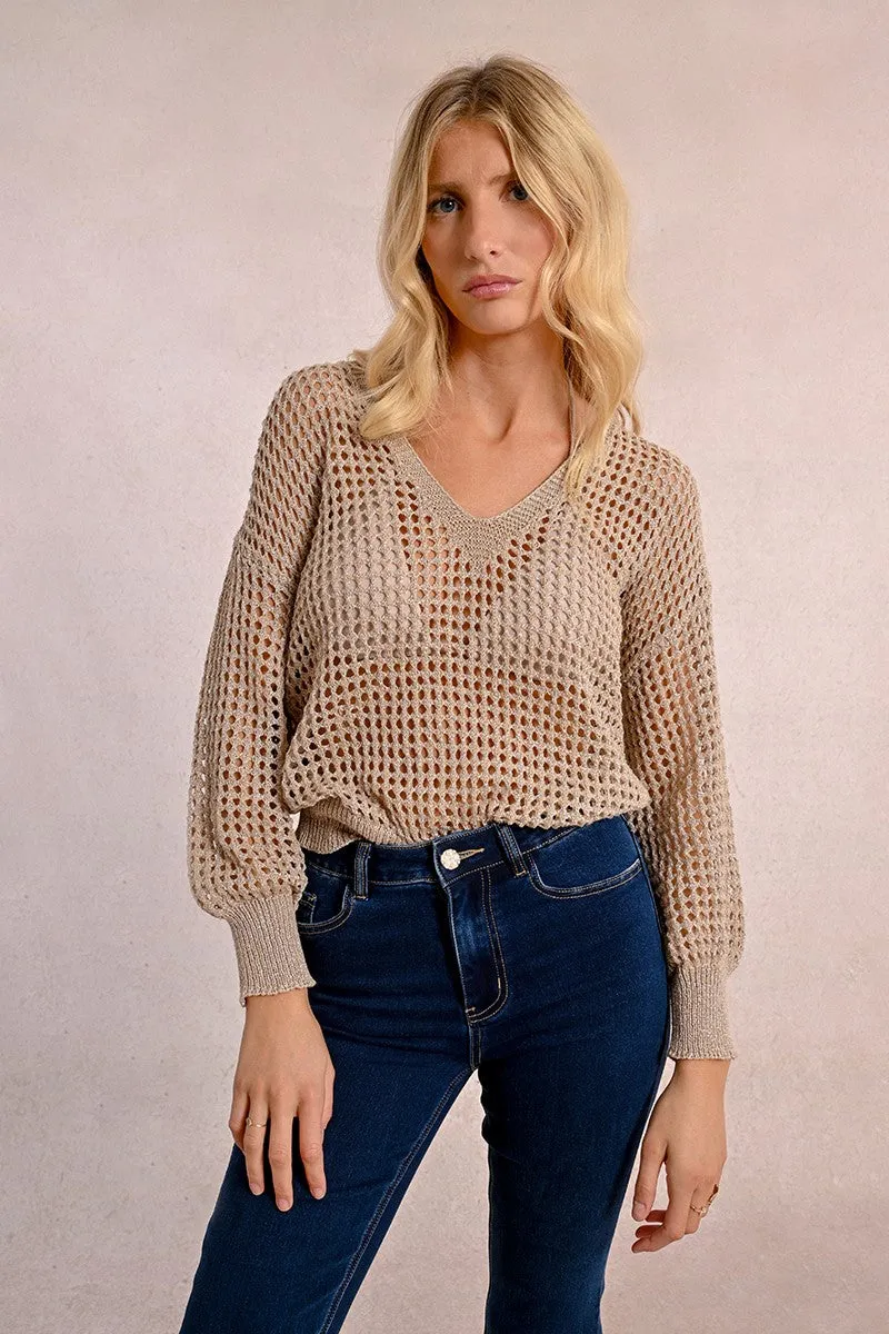 OPENWORK AND IRIDESCENT KNIT SWEATER