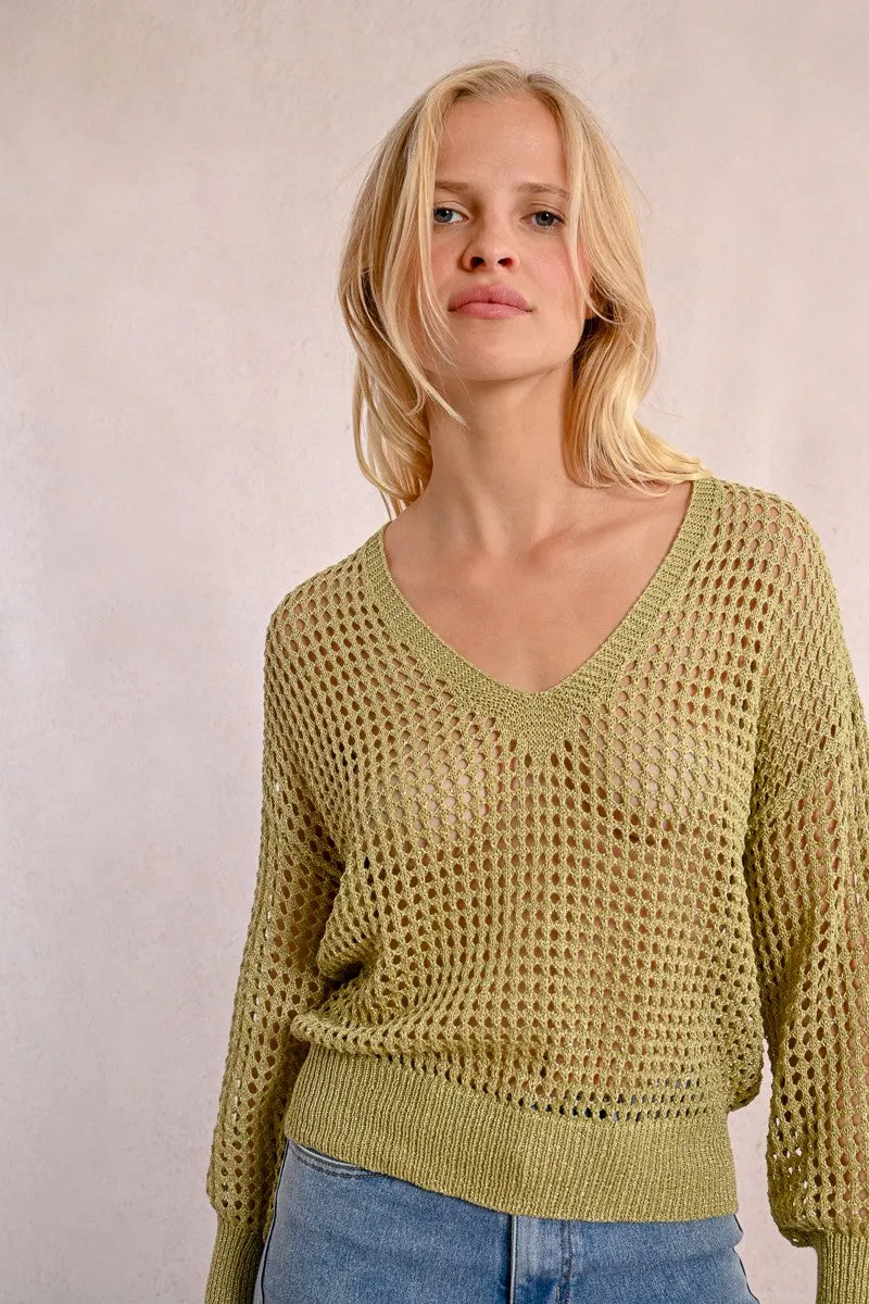 OPENWORK AND IRIDESCENT KNIT SWEATER