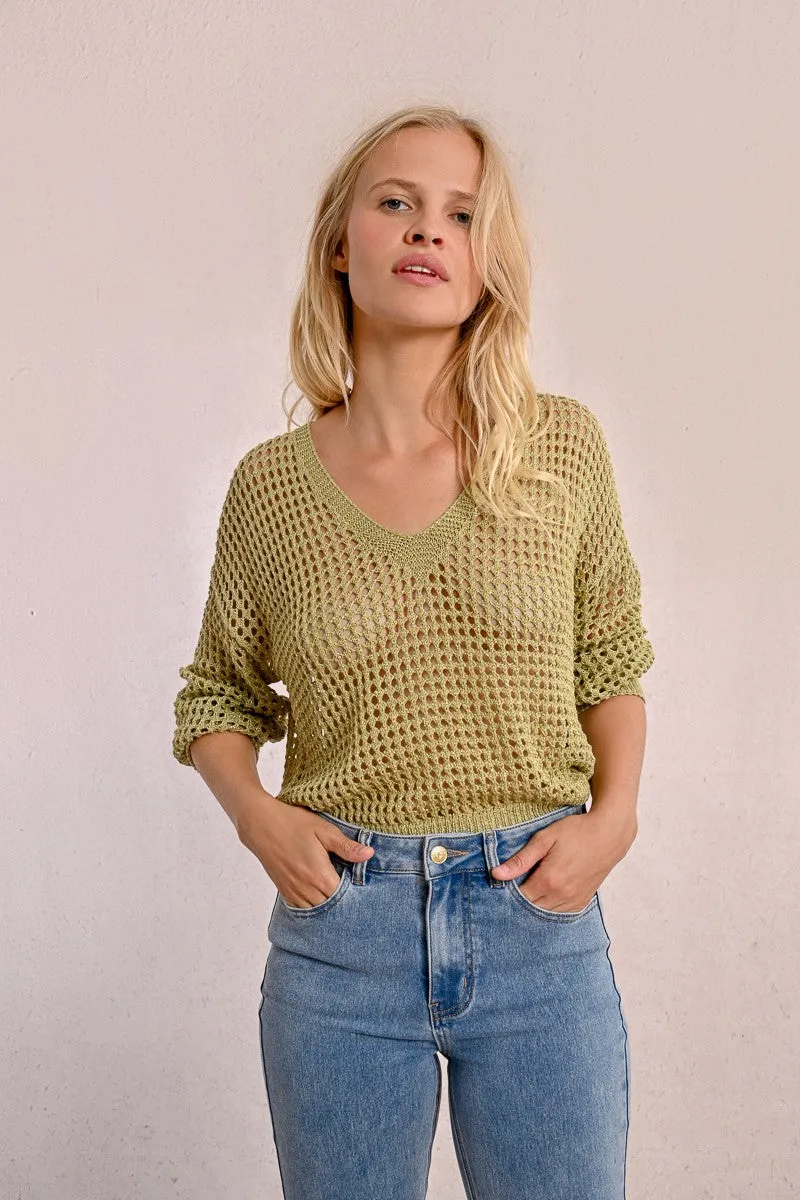 OPENWORK AND IRIDESCENT KNIT SWEATER