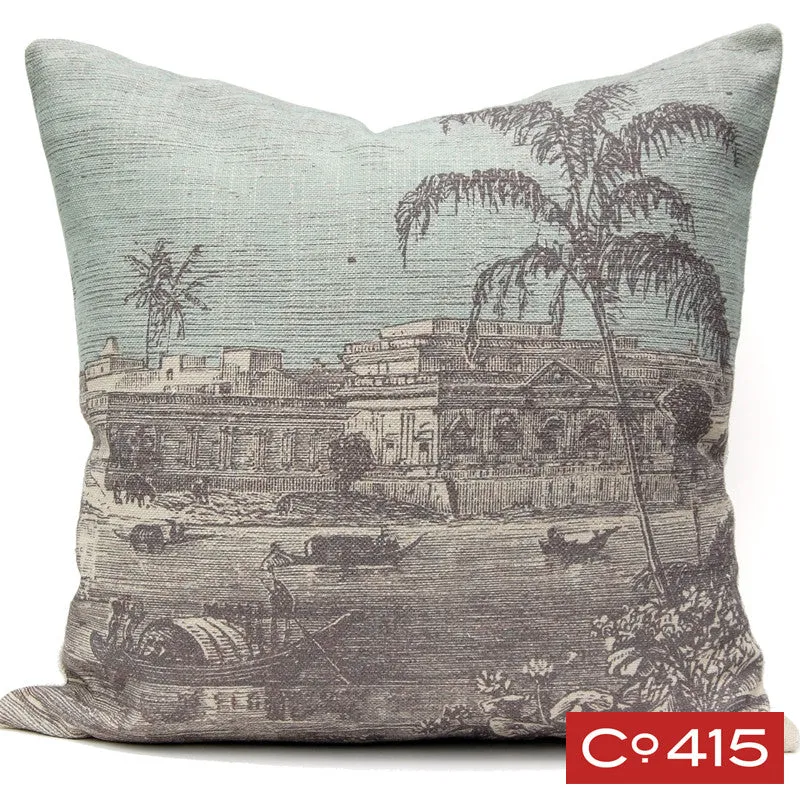 Palm on River Engraving Pillow - Gray