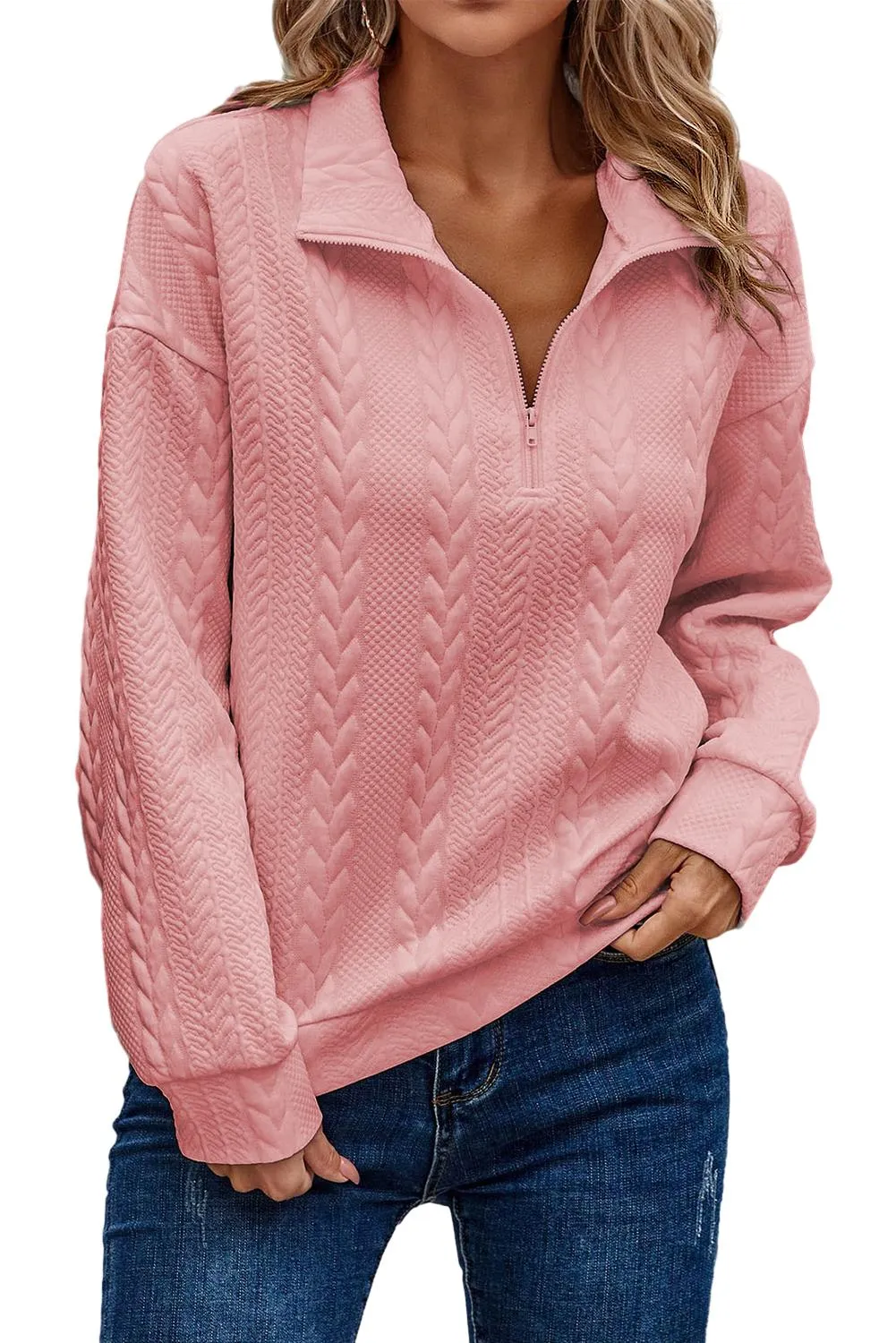 Peach Blossom Solid 1/4 Zipper Textured Pullover Sweatshirt