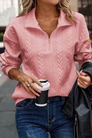 Peach Blossom Solid 1/4 Zipper Textured Pullover Sweatshirt
