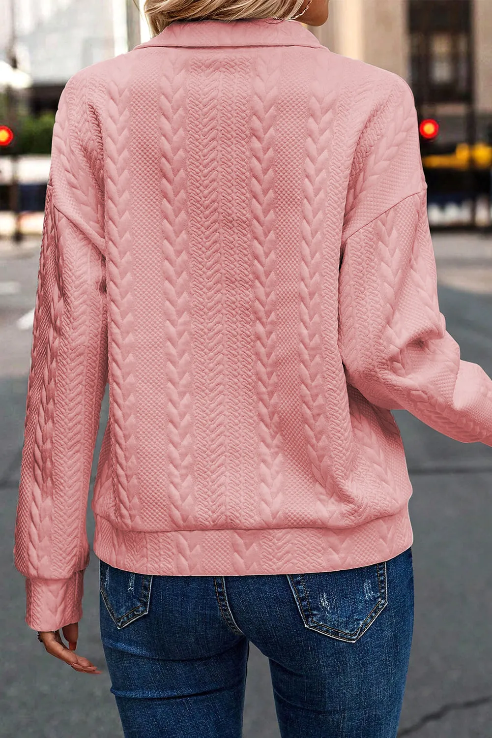 Peach Blossom Solid 1/4 Zipper Textured Pullover Sweatshirt