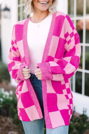 Pink Checkered Open Cardigan